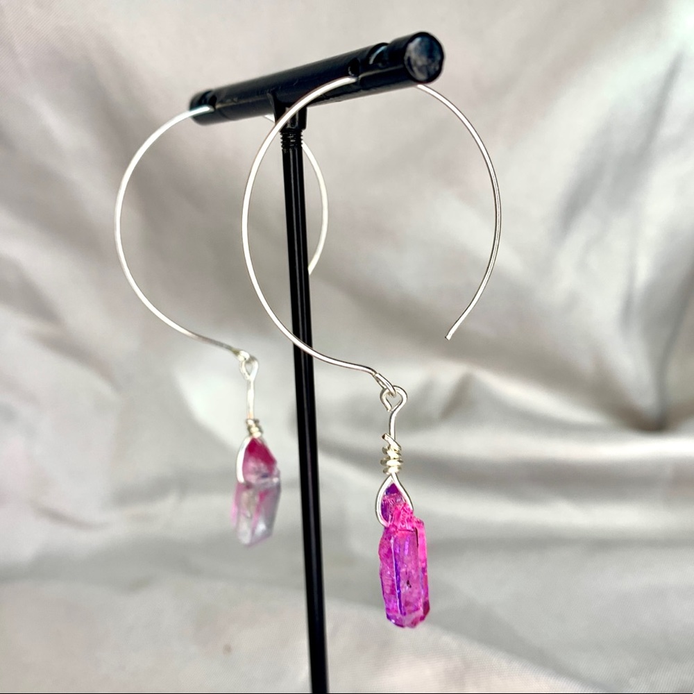 ⭐️ Pink Quartz Crystal Silver Hoop Earrings